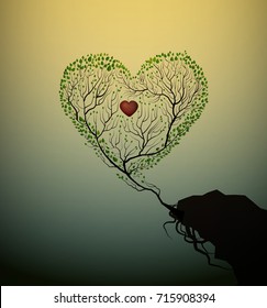heart shape tree growing at the edge of the rock, tree of love, Valentine symbol, grow the love concept, vector