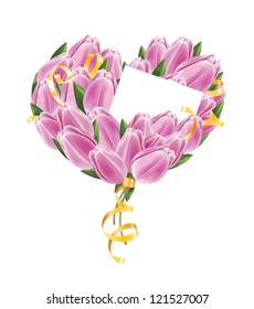Heart shape tulip bouquet with card. Vector illustration.