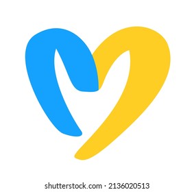 Heart shape with Ukranian flag collors. Support Ukraine, help refugees. Love and peace for ukrainian people. Simple logo. Vector illustration.