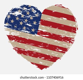 Forma cardíaca con bandera de los Estados Unidos.Bandera vectorial americana en estilo grunge.