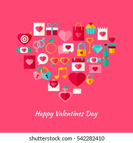 Heart Shape Valentine Day Objects. Vector Illustration of Love Holiday Symbols.
