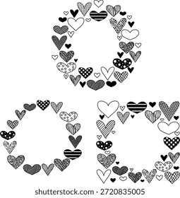Forma de corazón Día de San Valentín marco cuadrado redondo conjunto de Plantilla. Ilustración en blanco y negro de la línea gráfica del Vector. fondo para los Anuncios, impresión para la tela, etiquetas, impresión de la camiseta.
