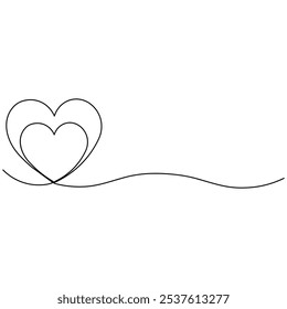 Herzform Valentinstag einzeilige Kunst, durchgehende einzeilige Zeichnung des isolierten Umrisses, Vektorsymbol 