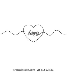 Heart shape valentines day single line art, continuous one line drawing of Isolated outline vector icon