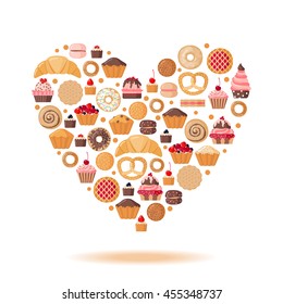Heart shape with various pastries in flat style. Vector illustration
