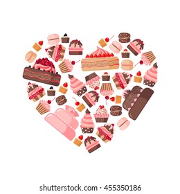 Heart shape with various pastries in flat style. Vector illustration