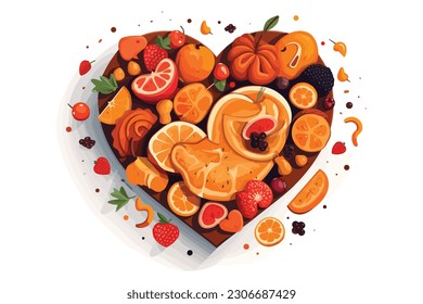 Ilustración de arte vectorial de forma cardíaca para la pancarta de comida de San Valentín Día. la forma cardíaca de los garabatos alimentarios.