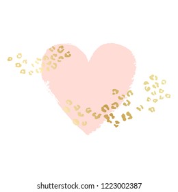 Heart shape vector background, brush illustration. Pink ink brush stroke with rich golden exotic leopard animal skin texture