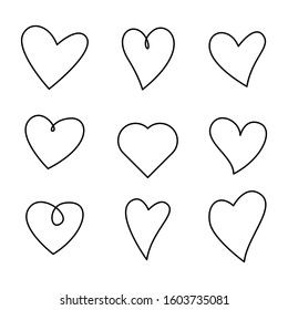 Heart shape vector bundle icons set isolated on white background. love design decoration for greeting card or wedding with doodle comic style