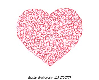 Heart shape vector by doodle lines free hand overlay in red pink colors isolated on white background