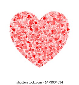 Heart shape vector confetti isolated on white. Valentine's Day concept with copyspace. Decorative symbol made of multicolored hearts. 