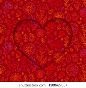 Heart shape vector frame on doodle flowers red background, Valentines day card vector template 