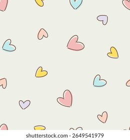 Vetor de forma de coração desenhado à mão bonito sem emenda padrão. Vetor de amor. Dia dos Namorados tema para papel de parede, roupas, embalagem, tecido, artigos de papelaria, e casos de telefone.