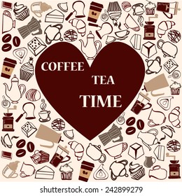 Heart shape vector hand-drawn doodle Silhouettes Coffee, Tea Pots, Cups and cupcake