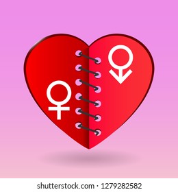 Heart shape vector icon eps 10. Simple red valentine symbol. Love sign. the heart is sewn with thread man and woman are one