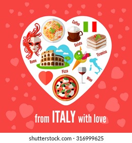 Heart shape vector icons of italian food and showplace. Illustration of pizza, pasta, Coliseum, coffee, mask, wine, tiramisu, map of Italy.