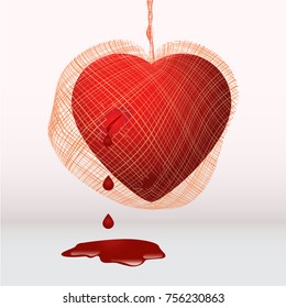 Heart shape vector icon.Valentine symbol.Heart in grid.Red health heart caught,in a cage.Bleeding,loving,stolen,broken heart with drops of blood,full of love.Valentines,Merry Christmas,wedding card.