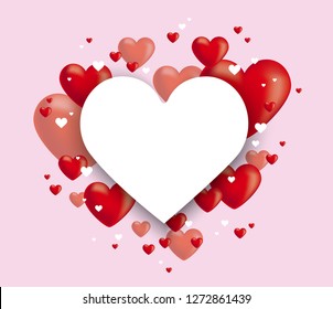 Heart shape vector pink confetti splash with white heart frame inside