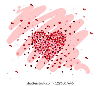 Heart shape vector pink confetti splash on pink draw background