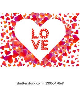 Heart shape vector pink confetti splash with white heart frame inside. Border design element. Valentines day. Vector