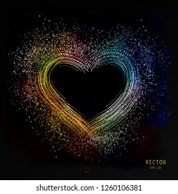 Heart shape vector rainbow color confetti glitter splash with heart frame inside for text. Vector black background, multicolored card, colorful, bright design