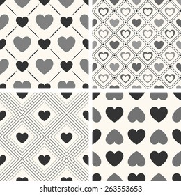 Heart shape vector seamless patterns. Black and white colors. Endless texture can be used for printing onto fabric, paper or scrap booking. Valentines day background for invitation. Vintage style.