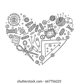 Heart shape vector set of sewing tools. Template for needlework, tailor, handmade, dressmaking design, coloring page.