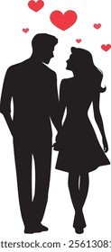 heart shape vector silhouettes of bride and groom. Walking holding hand to a woman with rose flower lovely couple2