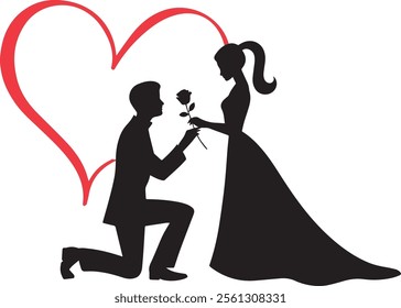 heart shape vector silhouettes of bride and groom. propose to a woman with rose flower lovely couple