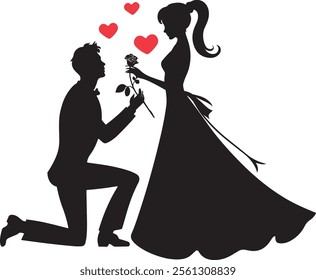 heart shape vector silhouettes of bride and groom. propose to a woman with rose flower lovely couple