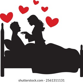 heart shape vector silhouettes of bride and groom. lovely couple on bed loving scene