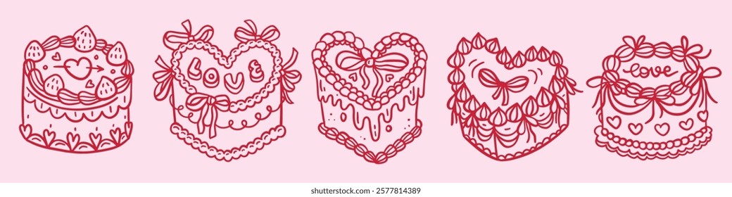 Heart Shape Vintage Cake with coquette Cream Set with Strawberry, Bows, Whipped Cream, Ribbons and Love Message. Valentine's day dessert. Hand drawn linear doodle vector illustration.