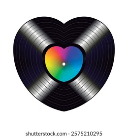 Heart shape vinyl record with rainbow paper label. Vector isolated on white background.	