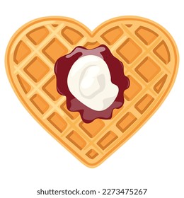 Heart shape waffle with strawberry jam and sour cream on top of it vector illustration.