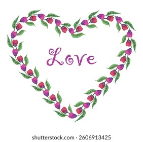 Heart shape of watercolor tulip flowers, lettering love, valentines, greeting card, vector illustration isolated on white