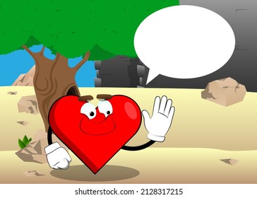 Heart Shape with waving hand as a cartoon character, funny red love holiday illustration.