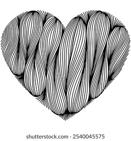 Heart shape with wavy ornament pattern. Modern trendy design composition. Vector illustration in hand drawn sketch doodle style. Line art isolated on white for print