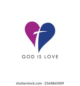 A heart shape with a white cross in the center and the text 'GOD IS LOVE' below it.