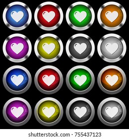 Heart shape white icons in round glossy buttons with steel frames on black background. The buttons are in two different styles and eight colors.