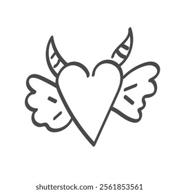 Heart shape with wings ans horns line icon. Decorative doodle illustration about love and passion. Devil feelings. Vector on white background