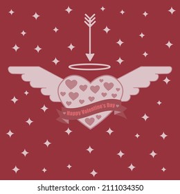 Heart shape with wings, halo and text surrounded by stars with arrow on top all on a dark red background 