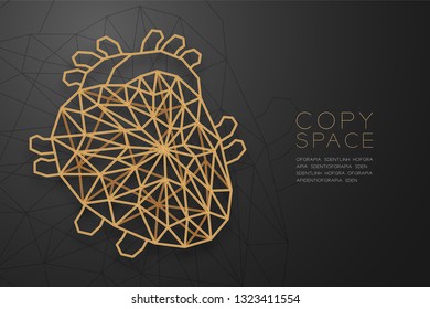 Heart shape wireframe polygon golden frame structure, Medical Science Organ concept design illustration isolated on black gradient background with copy space, vector eps 10