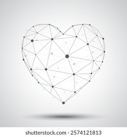 Heart shape with wireframe polygonal lines connect dot isolated on white background. Low poly style design. Vector illustration.