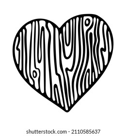 Heart shape with wood texture. Vector illustration hand-drawn engraving style for Valentine's Day