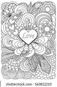 Heart shape the word LOVE on floral background for adult coloring book page and valentine's card