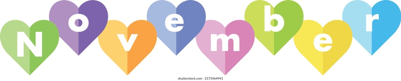 heart shape with word NOVEMBER white color, isolated on white background.