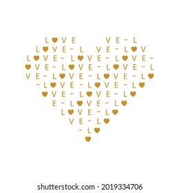 Heart shape with words love. Gold letters, hearts on white background. Vector illustration.