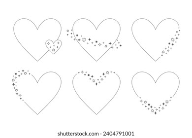 Heart shape Y2K frames, arches. Linear aesthetic minimalist sparkle heart shapes set.