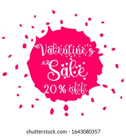 Heart shaped 20% off label vector on pink color splashed background. 