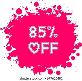 Heart shaped 85% off label vector on pink color splashed background. Decorative 85% off banner, label, tag. modern Price tag concept. modern Price label design. Valentine's day sale concept decoration